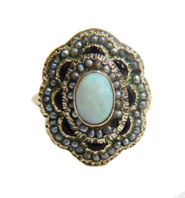 14k Yellow Gold WHite Opal and Grey Seed Pearl Ring, Size 5