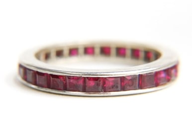 14k White Gold and Pink Red Ruby Eternity Band Ring, Size 5