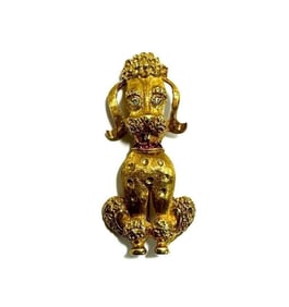 18k Yellow Gold Diamond and Ruby Poodle Dog Pin Brooch