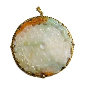 14k Yellow Gold Natural Carved Multi-Color Grey Green Red Jade Pendant GIA