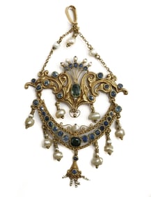 18k Teal Topaz and Blue Spinel Seed Pearl Victorian Necklace Pendant