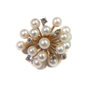 14k Yellow Gold Cultured Pearl and White Tourmaline Pendant Brooch