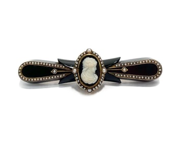 14k Gold Black Enamel Seed Pearl Cameo Brooch