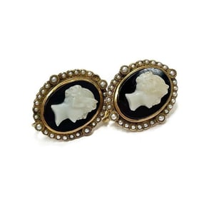 14k Gold Black Enamel Seed Pearl Cameo Earrings