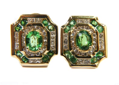 14k Yellow Gold Emerald and Diamond Earrings