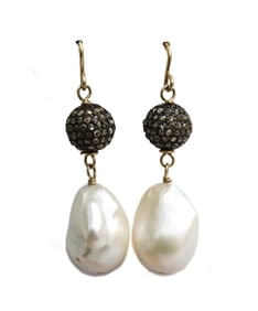 14k Yellow Gold Freshwater Pearl and Brown Diamond Drop Earrings