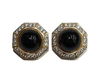 14k Yellow Gold Onyx and Diamond Clip Earrings