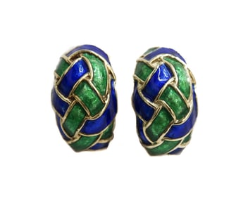 14k Yellow Gold Blue and Green Guilloche Enamel Woven Clip Earrings.