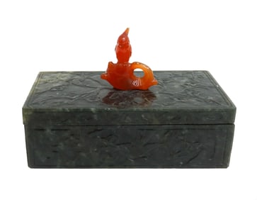 Chinese Spinach Green Nephrite Jade and Carnelian Parrot Rectangular Box