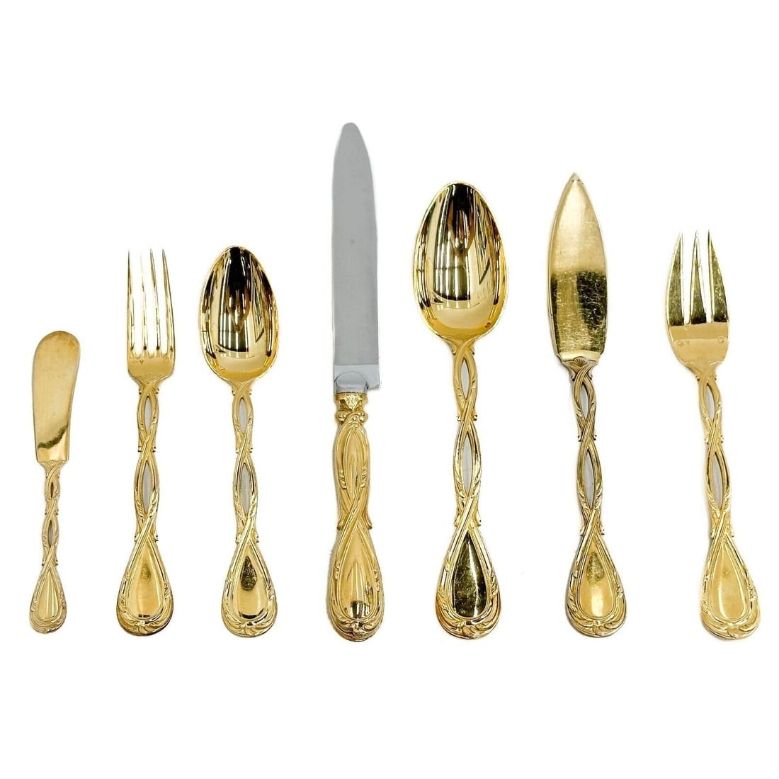 42pc Emile Puiforcat Vermeil Gilt Sterling Silver Flatware Service in Royal