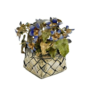 Cartier Gilt Sterling Silver Enameled Blue Flowers Basket Figurine Ornament