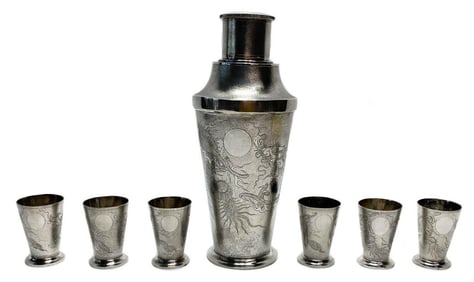 Chinese .900 Silver Martini Shaker & Shot Cups with Dragon Motif c1920