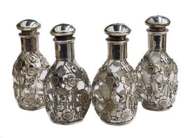 4  Japanese Silver Glass Overlay Cherry Blossom Salt and Pepper Shakers