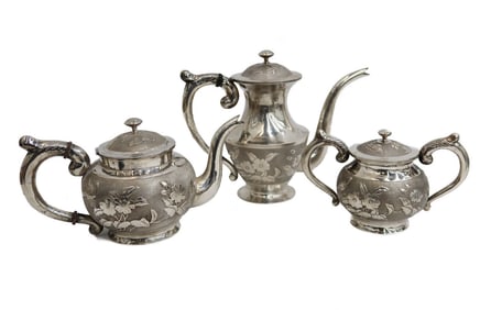 Tian Bao Chinese Silver 3 Piece Tea and Coffee Service, Late Qing Dynasty
