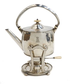 Arthur Stone Sterling Silver Tea Kettle On Stand Castle Emblem circa 1900