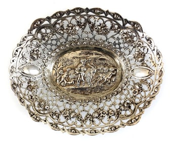 Continental .800 Silver Pierced Bowl 6.25", c1900 Drunken Putti Riding Ram Scene