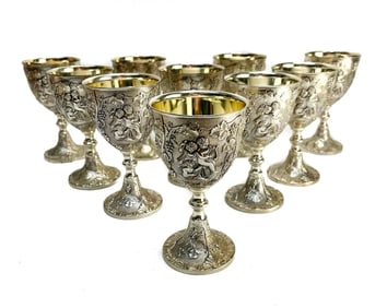 10 Ornate Silver Plate Wine Goblets, Etched Cherubs and Florals