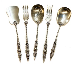 5 French 800 Silver Condiment Serving Spoons and Forks