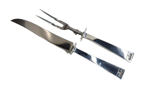 Allan Adler Sterling Silver Hand Hammered Meat Carving Fork Knife in Chinese Key