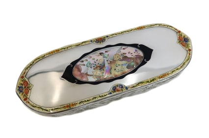 Austrian 935 Silver 14k Gold and Mother of Pearl Oval Vanity Table Box c 1930