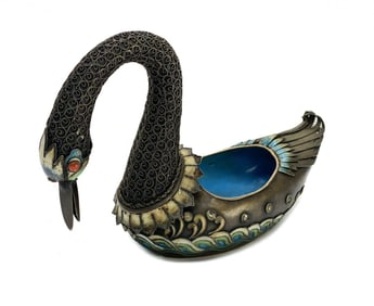 Chinese Gilt Silver Filigree & Enamel Figural Swan Bowl, 1st Half 20th Century
