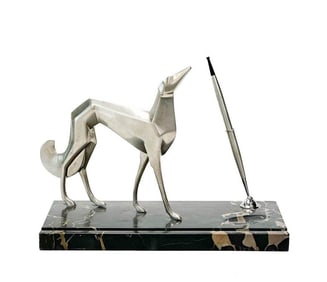 Art Deco Silvered Metal Figural Greyhound Dog Portoro Marble Pen Stand