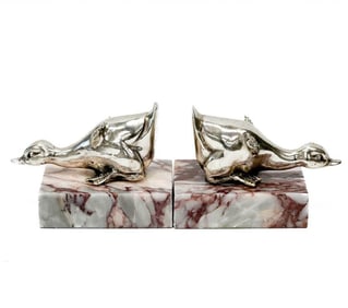Pair Silvered Metal Duckling Form Bookends on Marble Stands mid 20th cen
