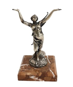 M. Mosini Milano Silver Figure on Marble Base Diana the Huntress c1940