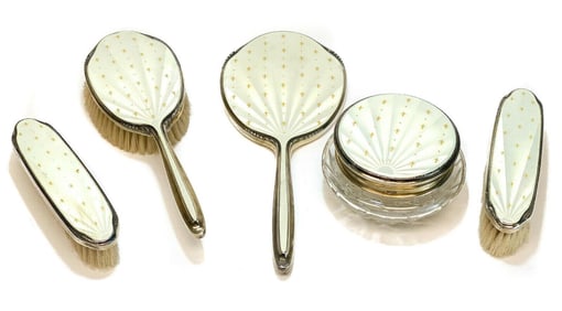 Albert Carter Birmingham Gilt Sterling Silver & Guilloche Enamel Vanity Set