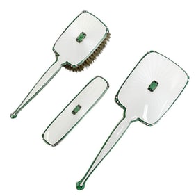 3pc Mappin & Webb Sterling Silver Guilloche Enamel & Jade Vanity Set 1935