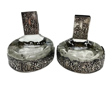 Pair German 800 Silver Overlay Glass Ashtrays and Match Box Horseshoe