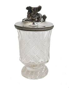 German 800 Silver and Cut Glass Footed Lidded Cup or Jar 1st Half 19th Century
