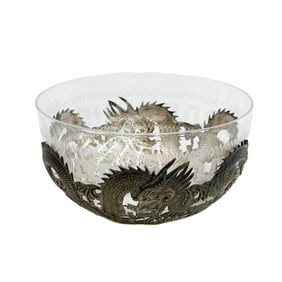 Hung Chong & Co Chinese Export Pierced Silver Mounted Glass Bowl Dragons c 1900