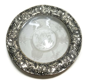 German Silver Mounted and Acid Etched Glass Dish, Early 20th Century