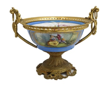 Sevres France Hand Painted Porcelain Gilt Bronze Mounted Footed Compote c1900