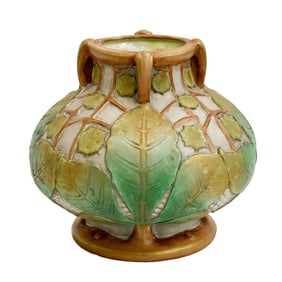 Amphora Austria Pottery Green and Orange Leaf Form Vase c1900
