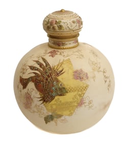 Royal Crown Derby England Porcelain Round Lidded Urn, 1891. Lionfish and Enamel