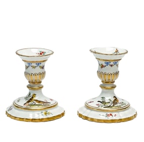 Pair Meissen Marcolini Period Germany Ornithological Porcelain Candlesticks