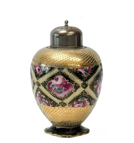 Nippon Hand Painted Enamel Porcelain & Silverplate Muffineer or Confection Jar