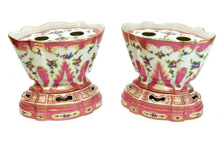 Pair Sevres France Rose Pompadour Vases Hollandois