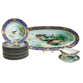 Meito China Hand Painted Porcelain Fish Platter Sauce Dish & Plates for 14