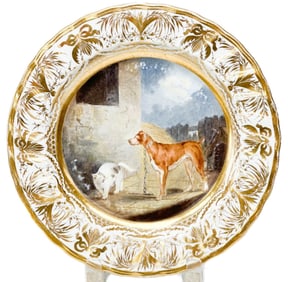 Royal Crown Derby Hand Painted Porcelain Cabinet Plate Dog & Cat c1800