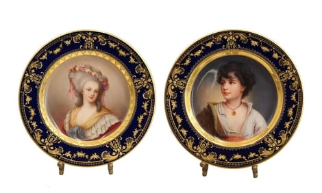Pair Royal Vienna Hand Painted Porcelain 6.5 inch Portrait Plates c1910 Signed