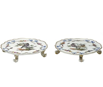 Pair Meissen Marcoloni Ornithological Porcelain Footed Trays or Cake Plates