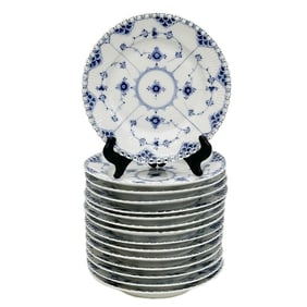 15 Royal Copenhagen Denmark Blue Fluted Porcelain Full Lace Dessert Plates 1086