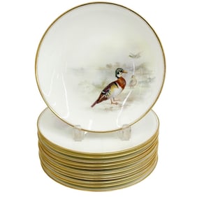 12 Royal Doulton Hand Painted Porcelain Plates Game Birds Signed Plant c1910
