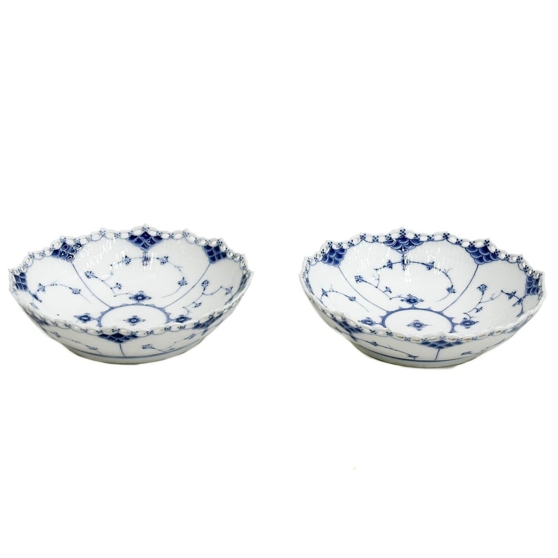 Pair Royal Copenhagen Denmark Porcelain Fluted Full Lace Serving Bowls c 1820 (1 of 5)