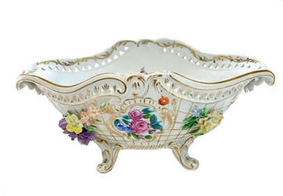 Dresden Porcelain Hand Painted Footed Bowl, Applied Flowers, circa 1950.