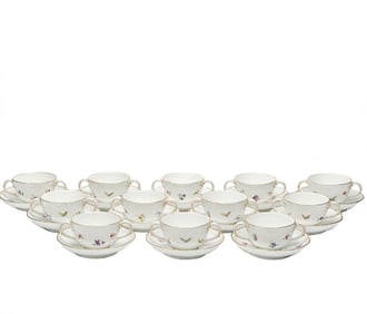 12 KPM Berlin German Hand Painted Porcelain Bouillon Bowls & Underplates c. 1900