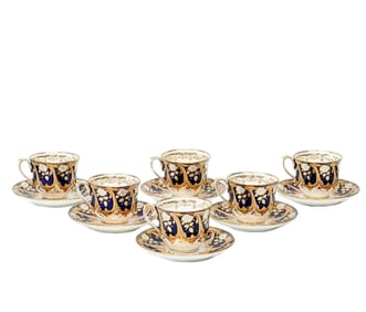 6 English Gilt & Cobalt Blue Porcelain Tea Cups & Saucers c. 1900